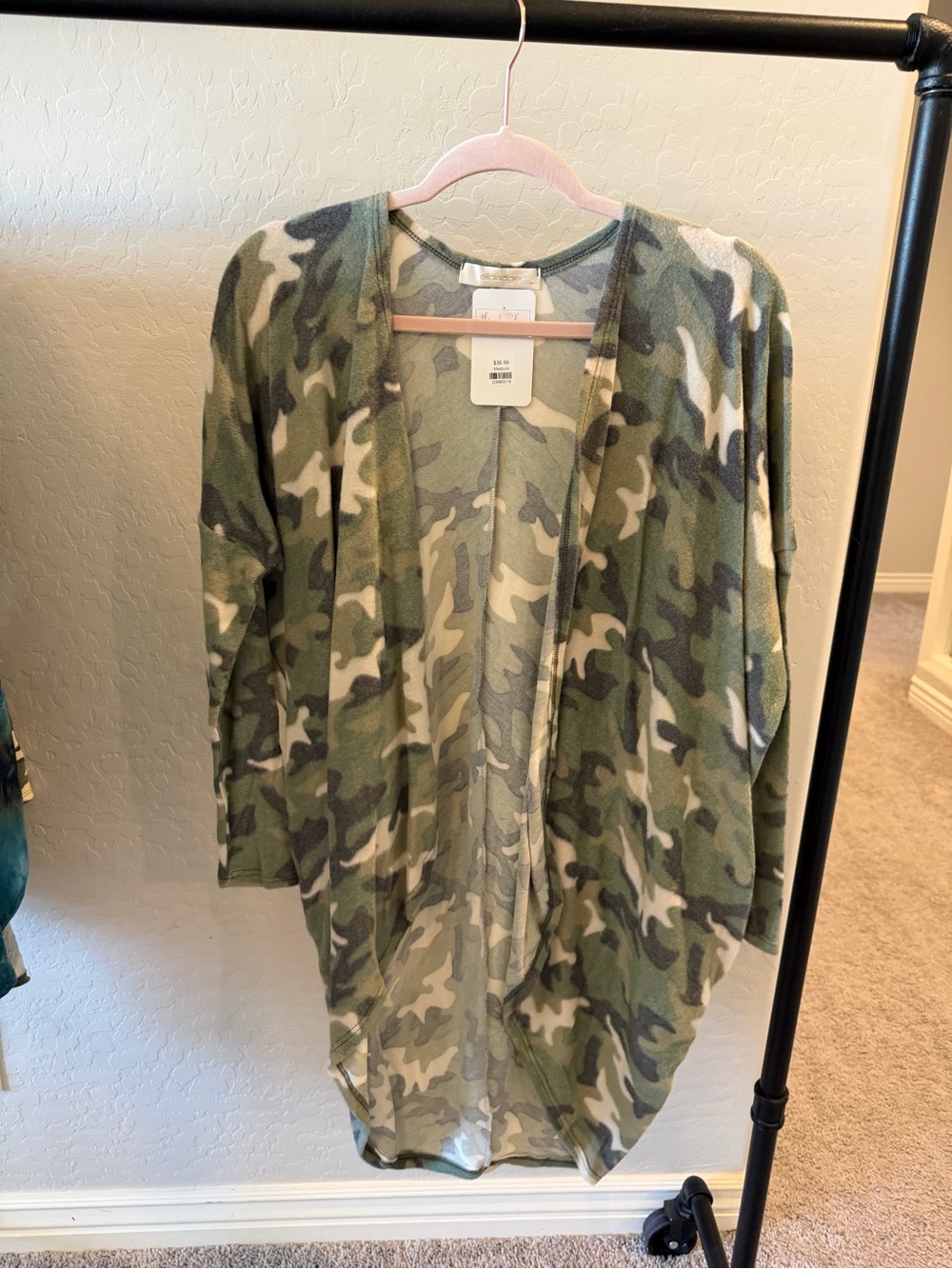 Camo Open Front Fleece Cardigan - Green Woodland Print